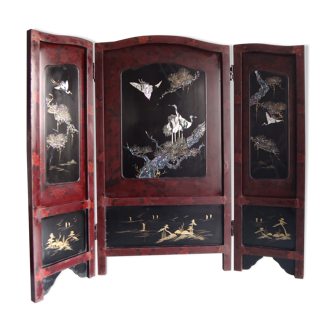 Ancient screen Japan laque decor cranes marquetry of mother-of-pearl