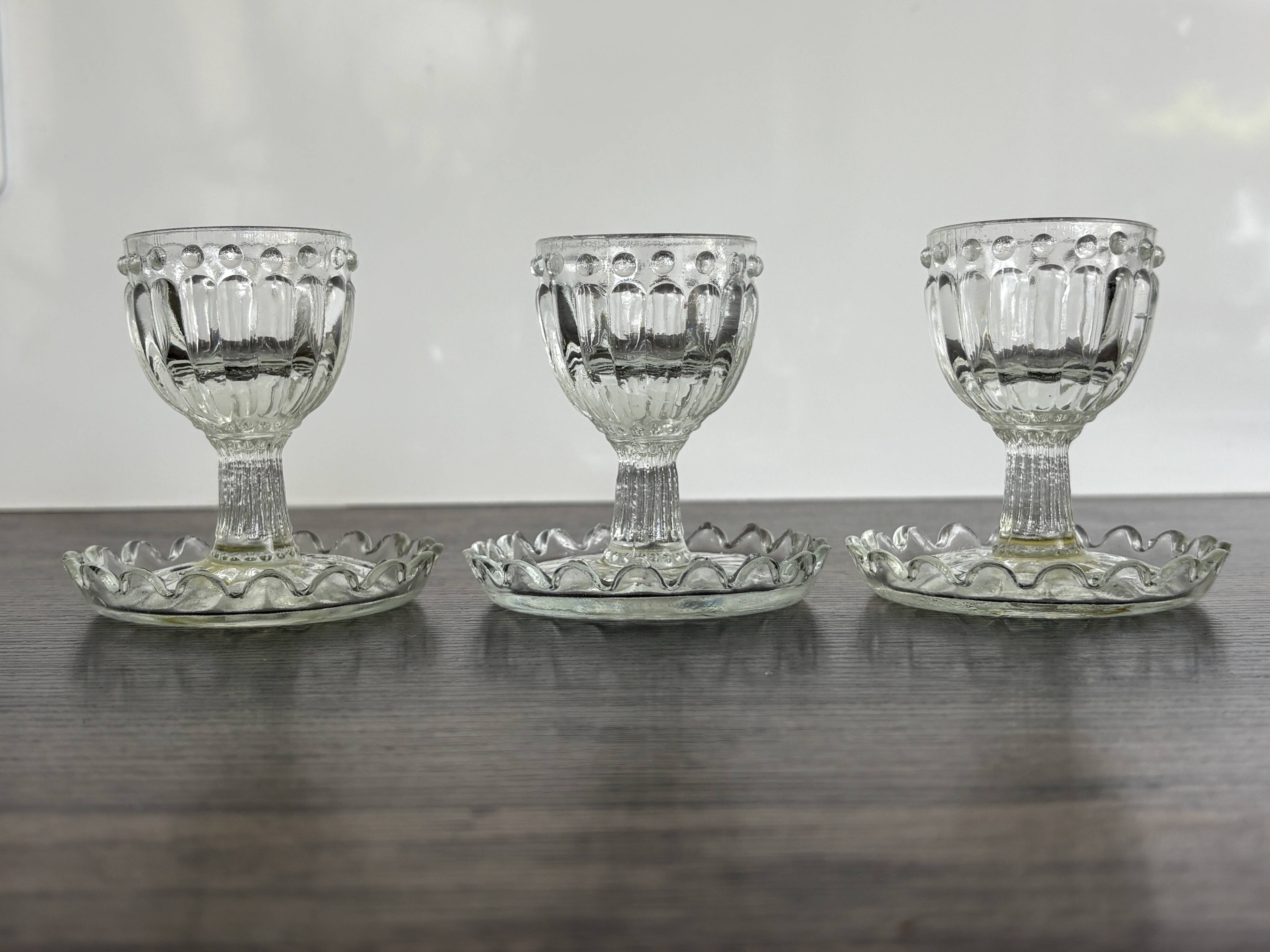 Set of 3 Vintage Glass Egg Cups in Diamond Point Style