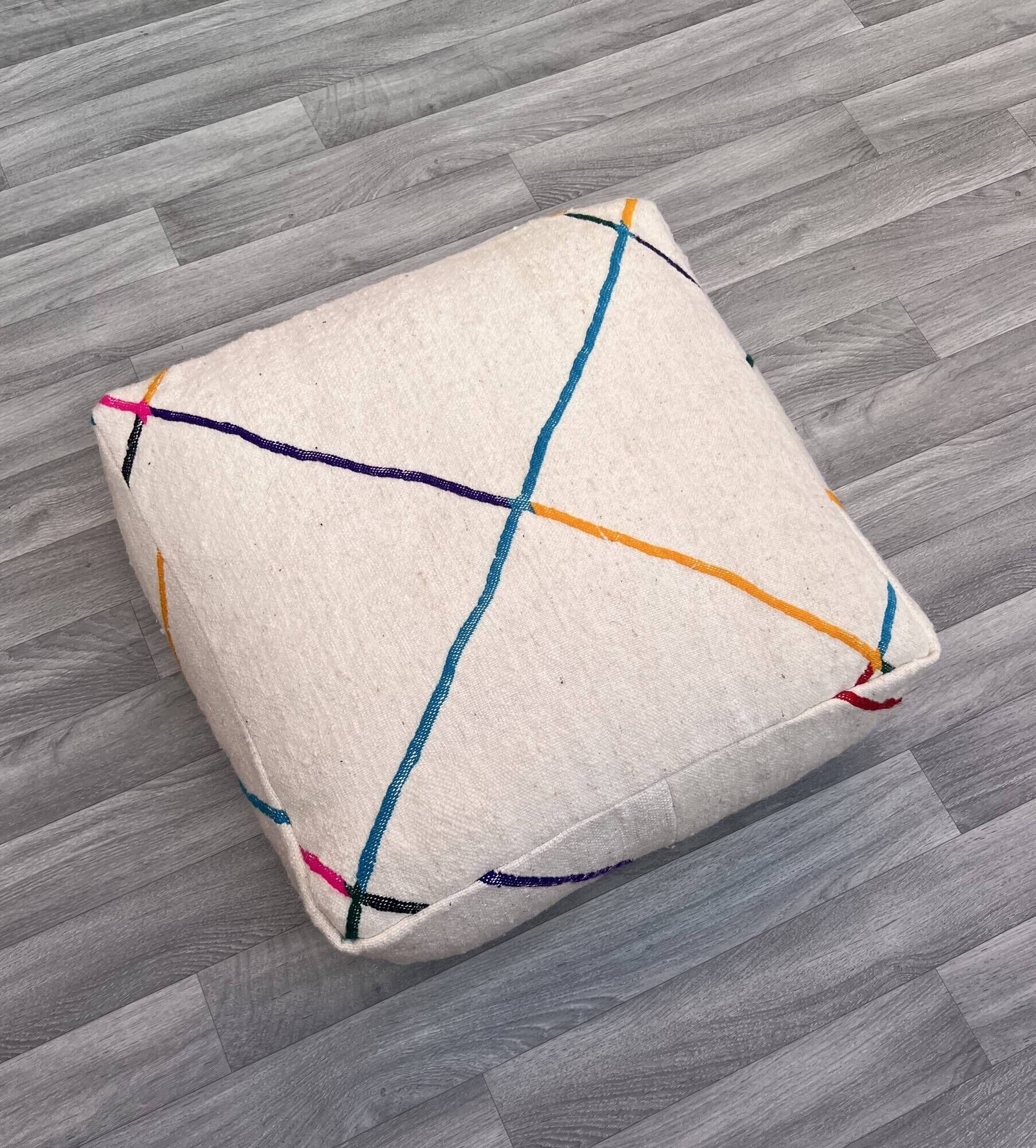 Azilal Kilim Moroccan Berber Pouf - 100% Wool and Cotton - Handwoven Floor Cushion