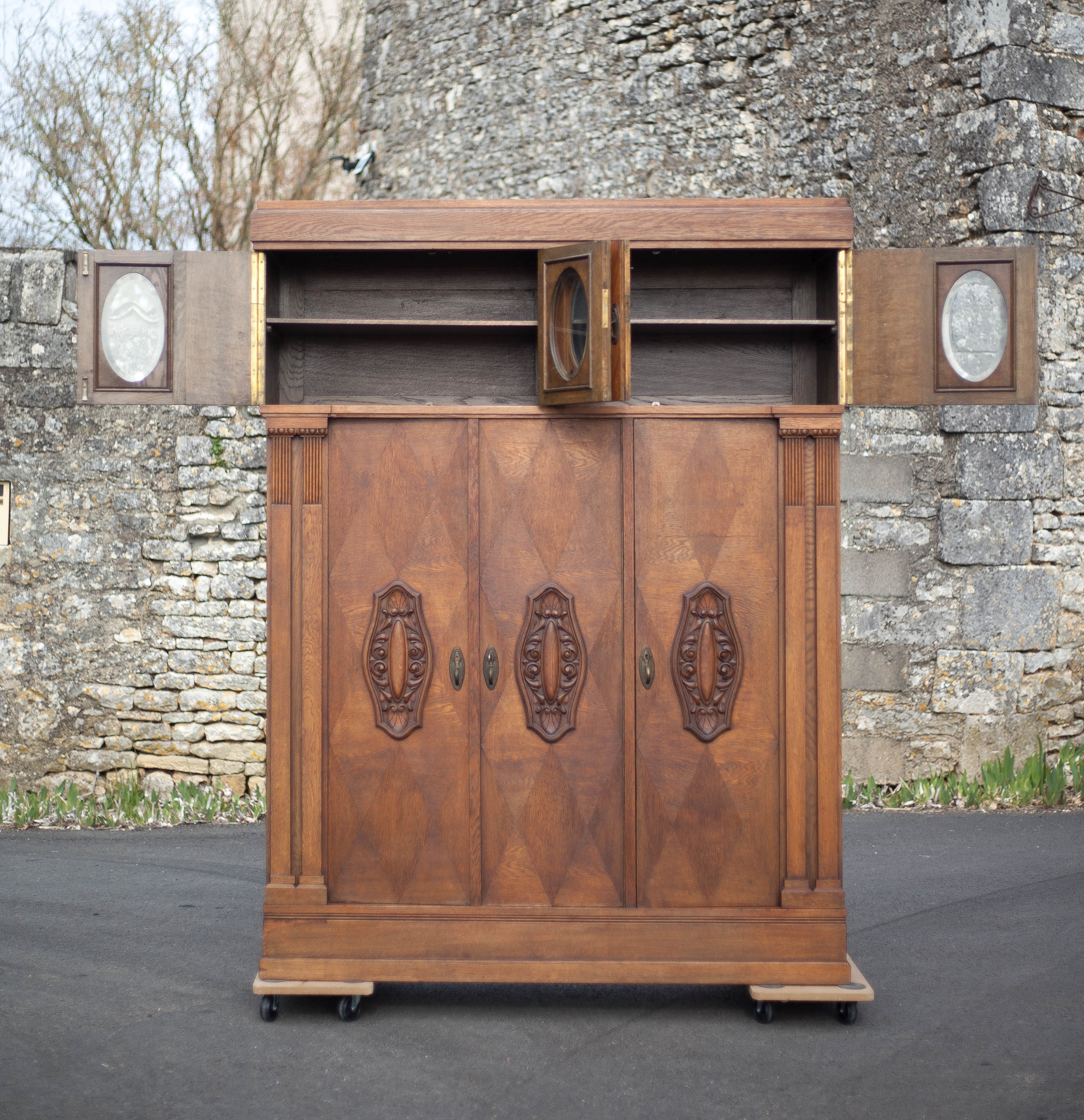 Bookcase carved wood 3 old doors, bookcase window beveled