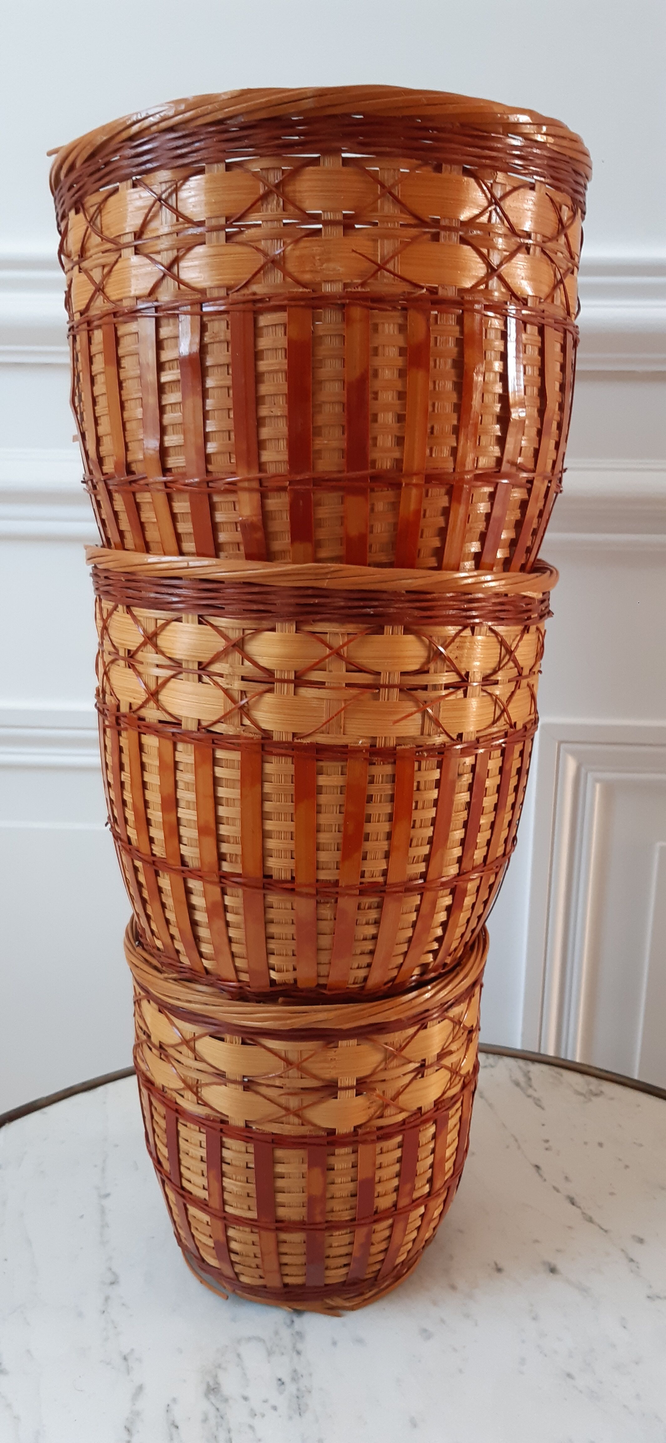 Trio of rattan and vintage bamboo pot covers 70s