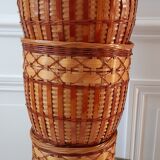 Trio of rattan and vintage bamboo pot covers 70s