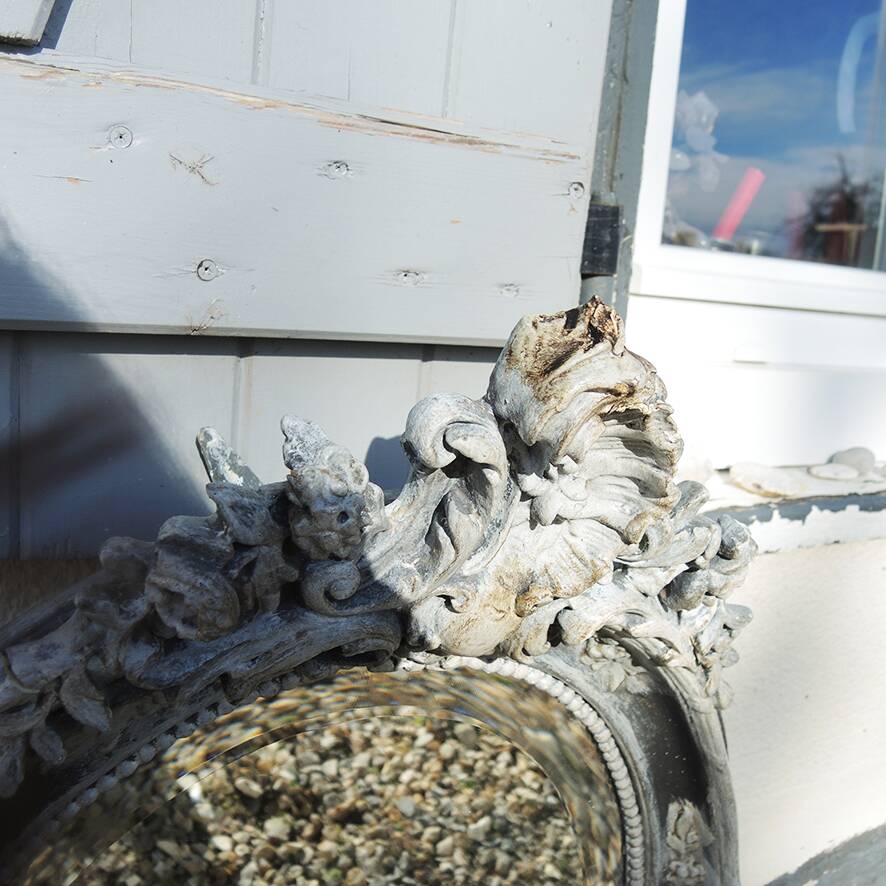 Antique Oval Beveled Mirror with Baroque Carved Wood Frame