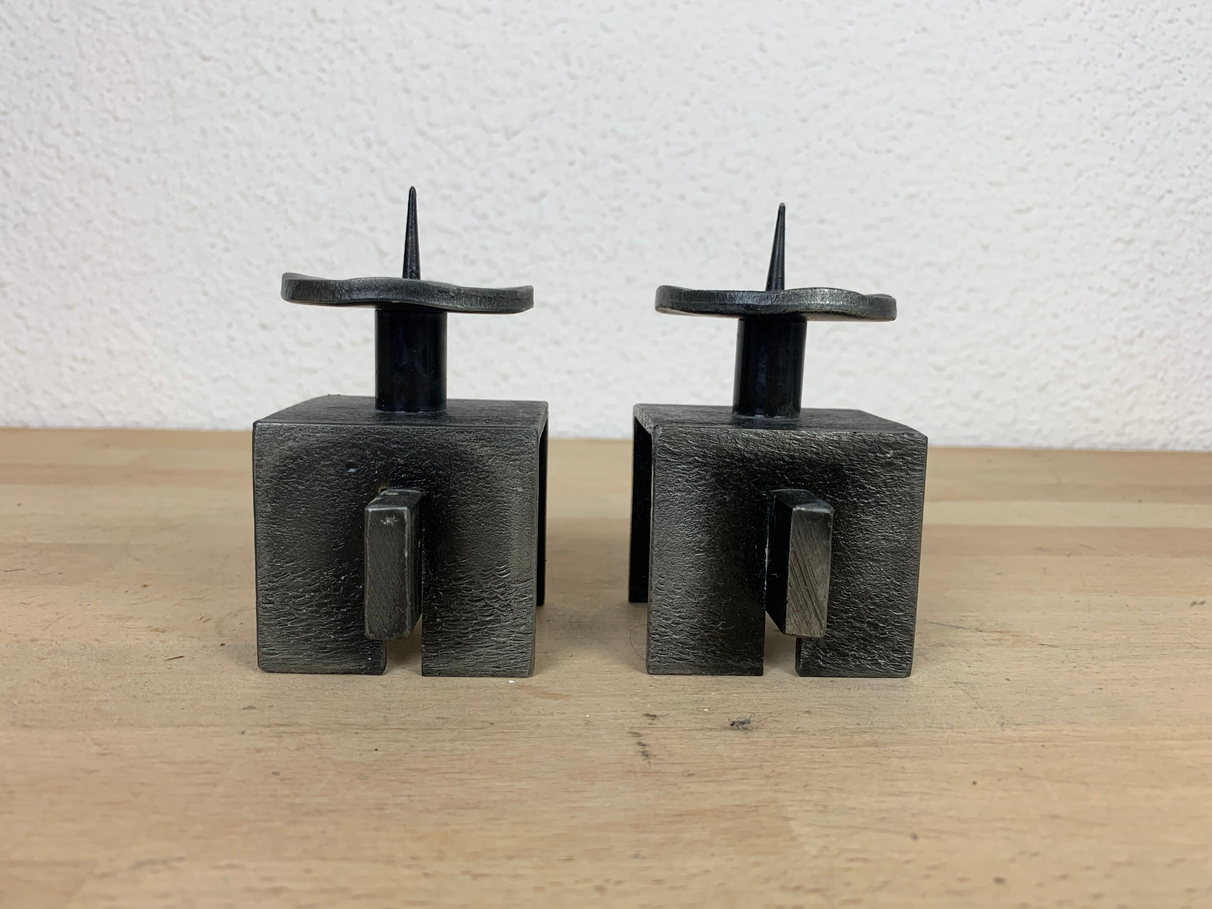 Pair of brutalist wrought iron candle holders