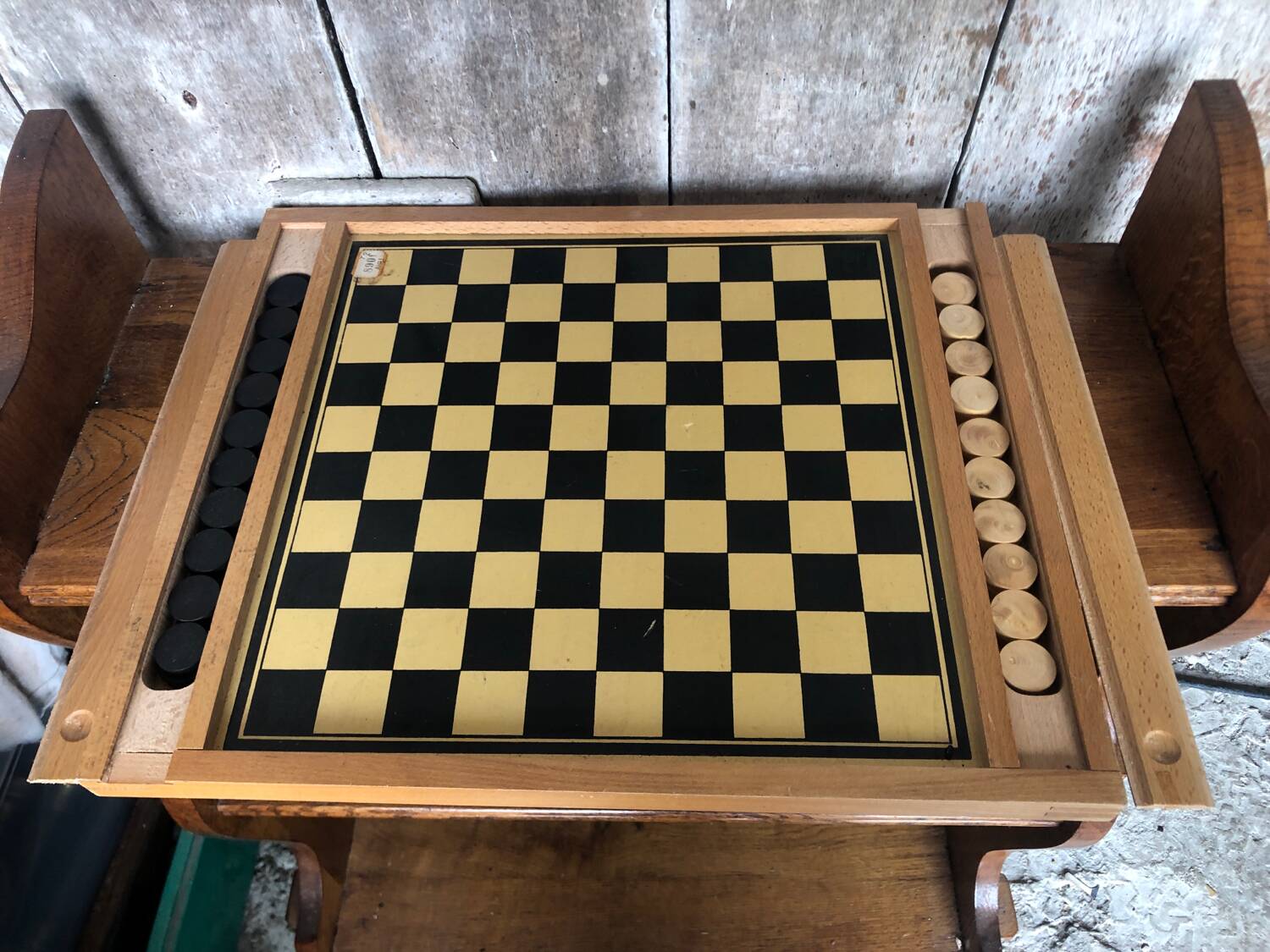 Old Vintage Wooden Double Game Board of Checkers & Small Horses #A782