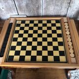 Old Vintage Wooden Double Game Board of Checkers & Small Horses #A782