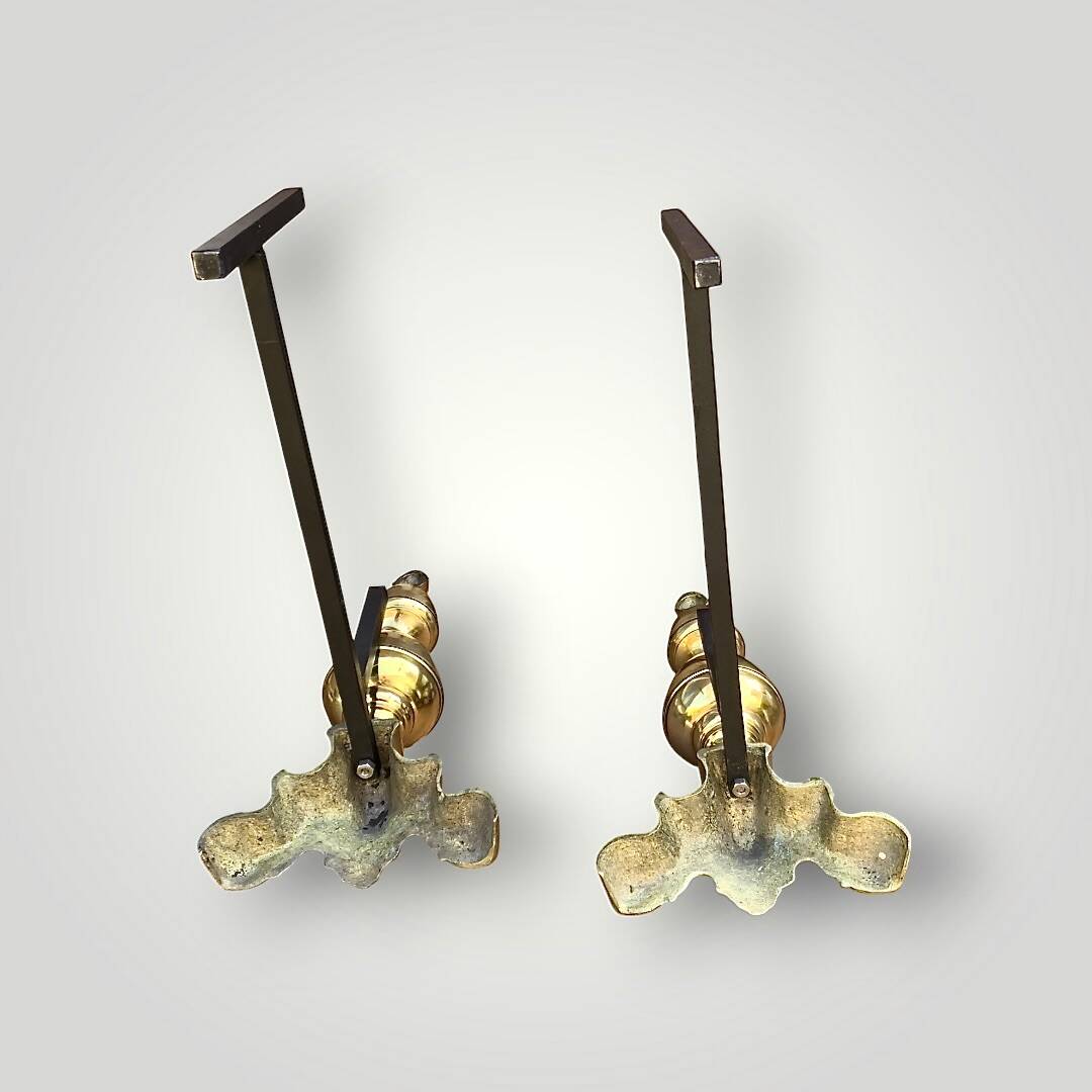 Pair of antique brass and cast iron andirons, Louis XVI style