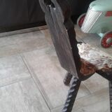 Chaise tabouret tripode  bois et peau vintage 50/60