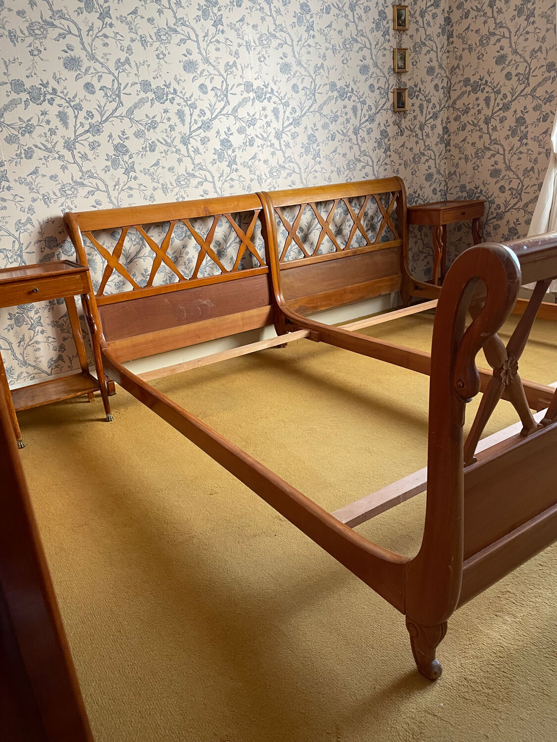Pair of empire style swan neck beds and bedside tables