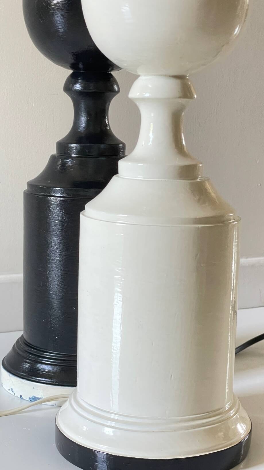 2 large black and white turned wood vintage lamp bases.