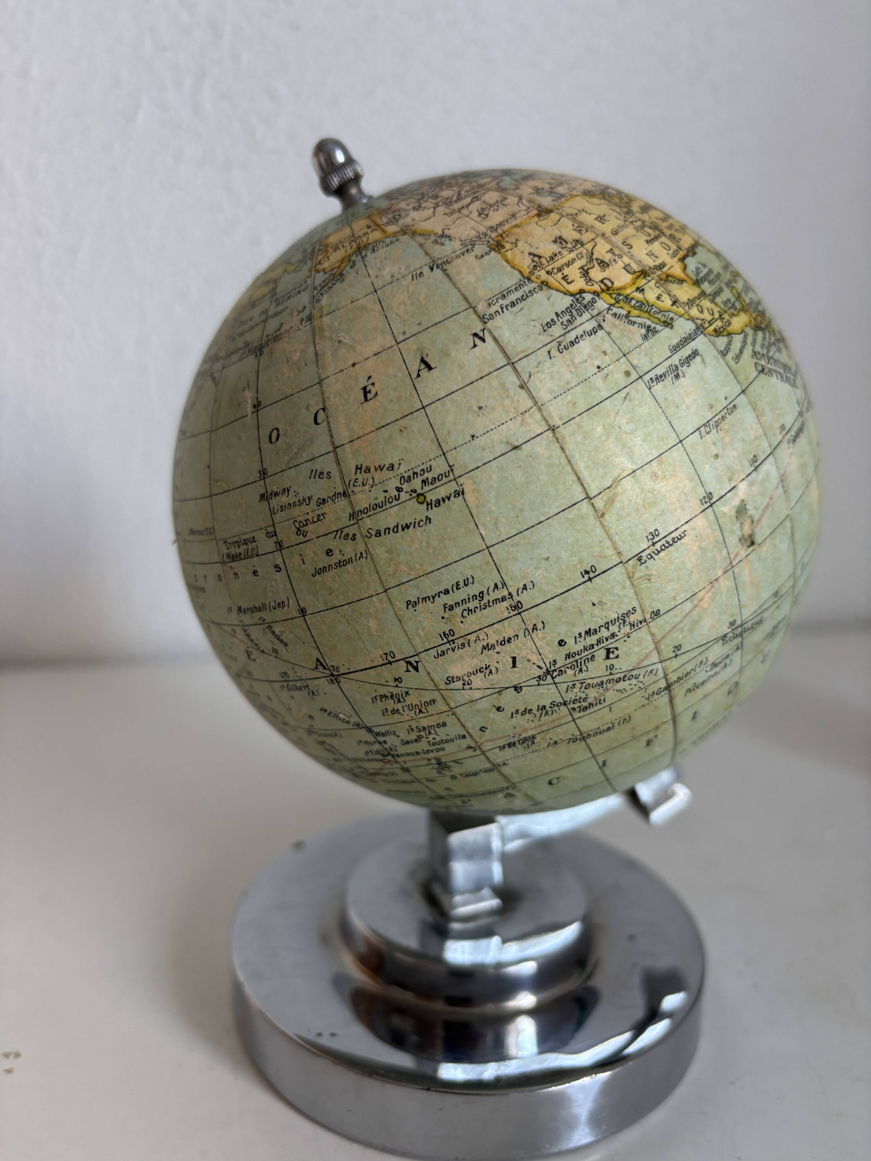 Antique French terrestrial globe – Chrome Art Deco base – Circa 1930 – Cart