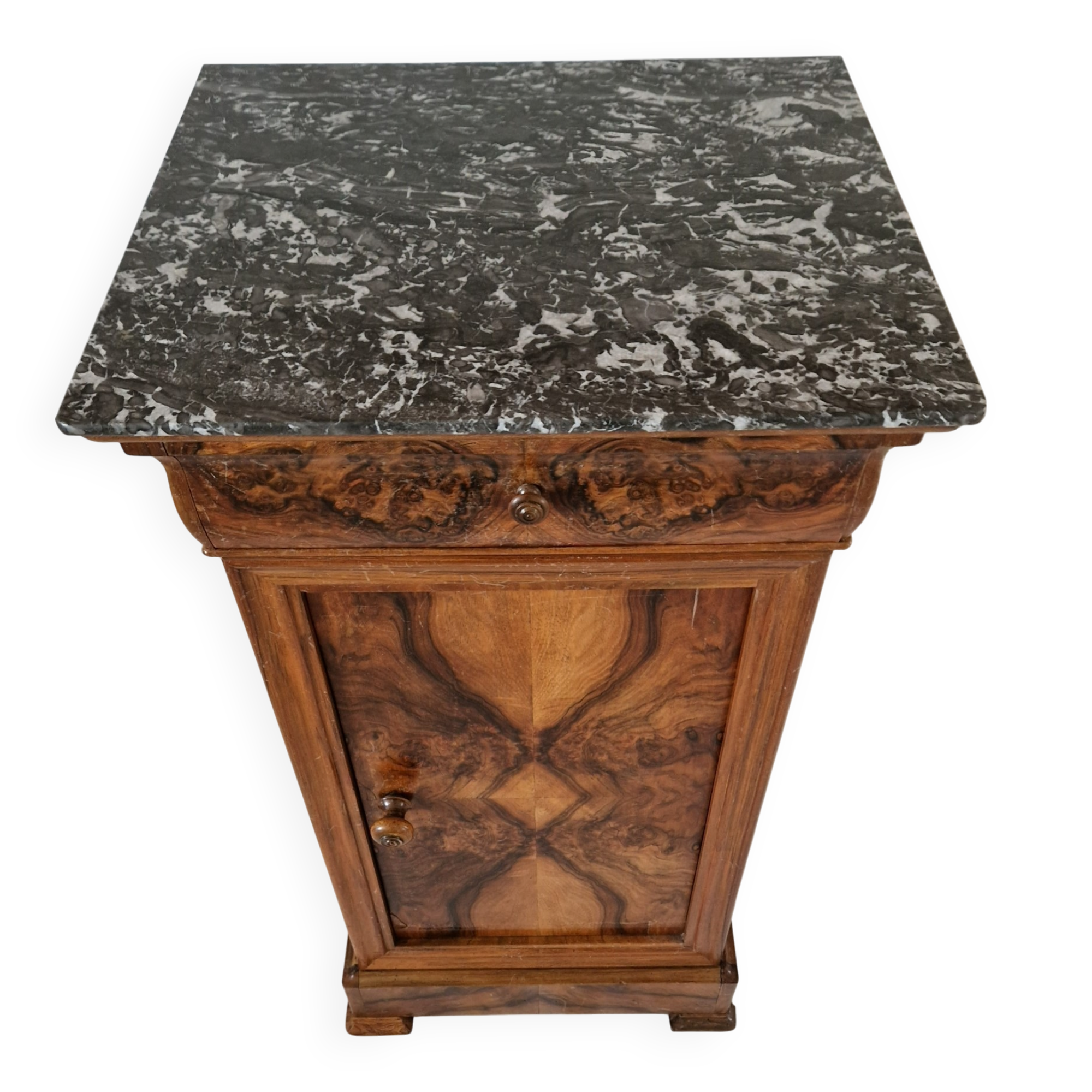 Elegant antique Napoleon III side table in walnut with black marble veneer.