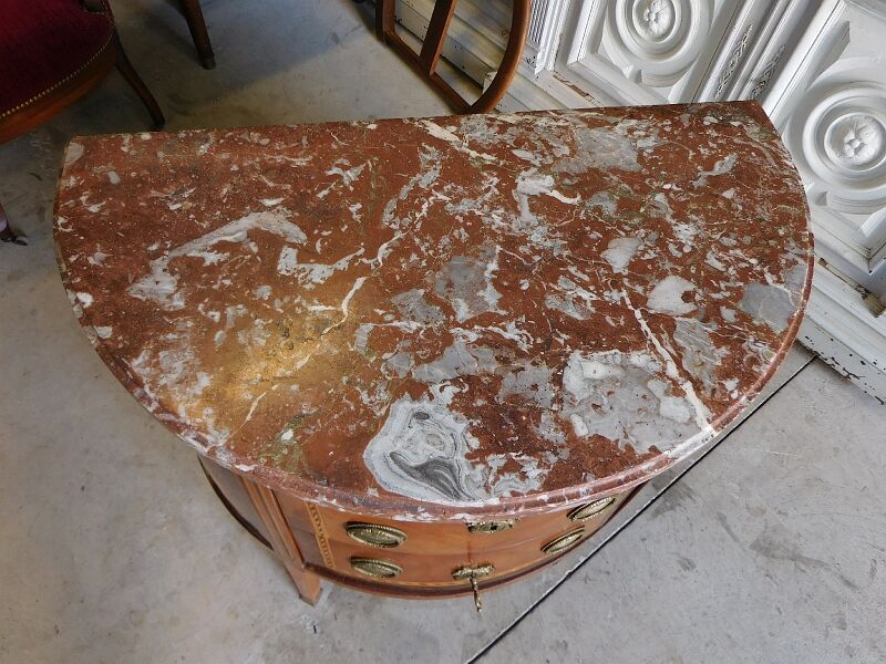 Chest of drawers half moon in marquetry 2 drawers marble top late nineteenth century
