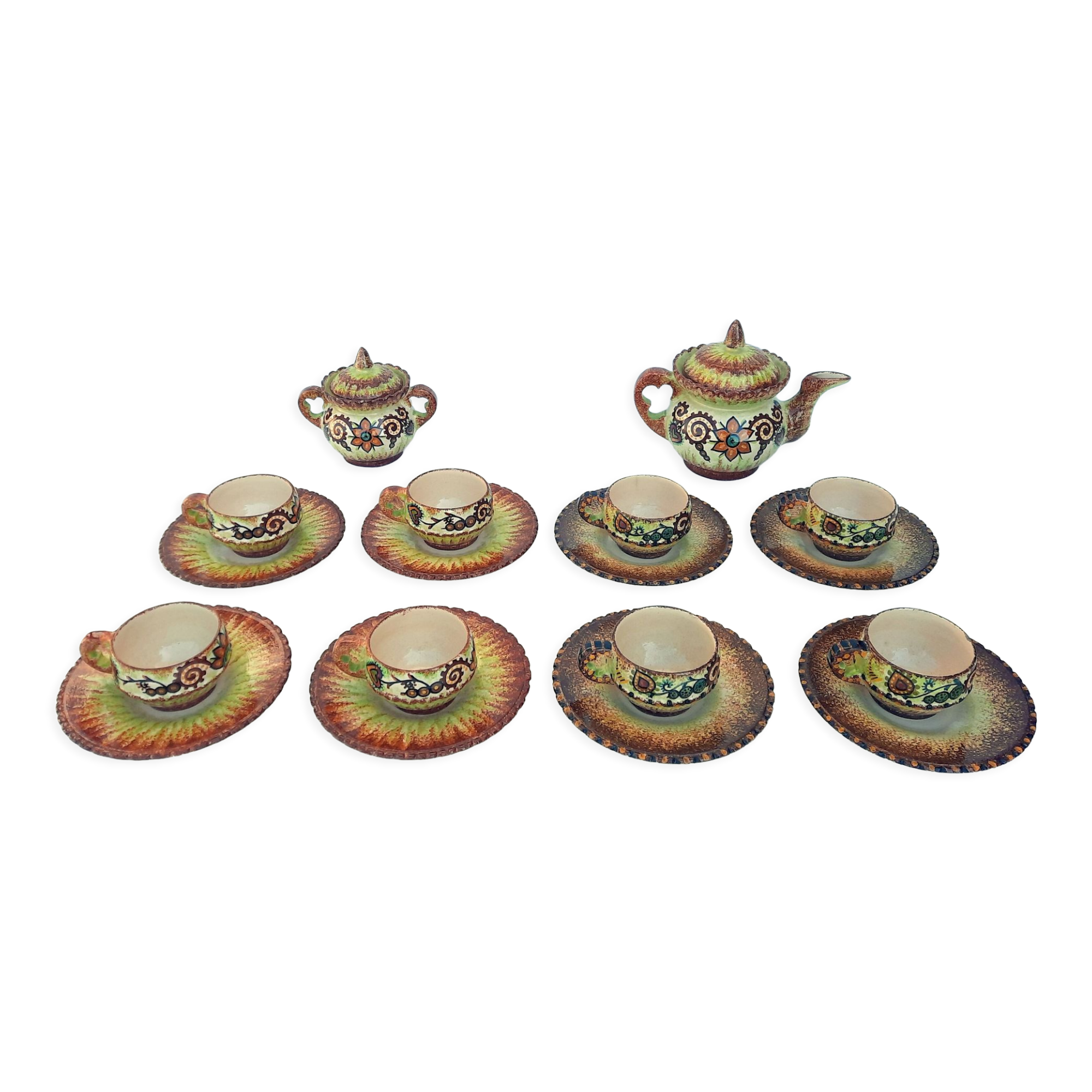 Paul Fouillen Quimper tea set sugar bowl cups and saucers