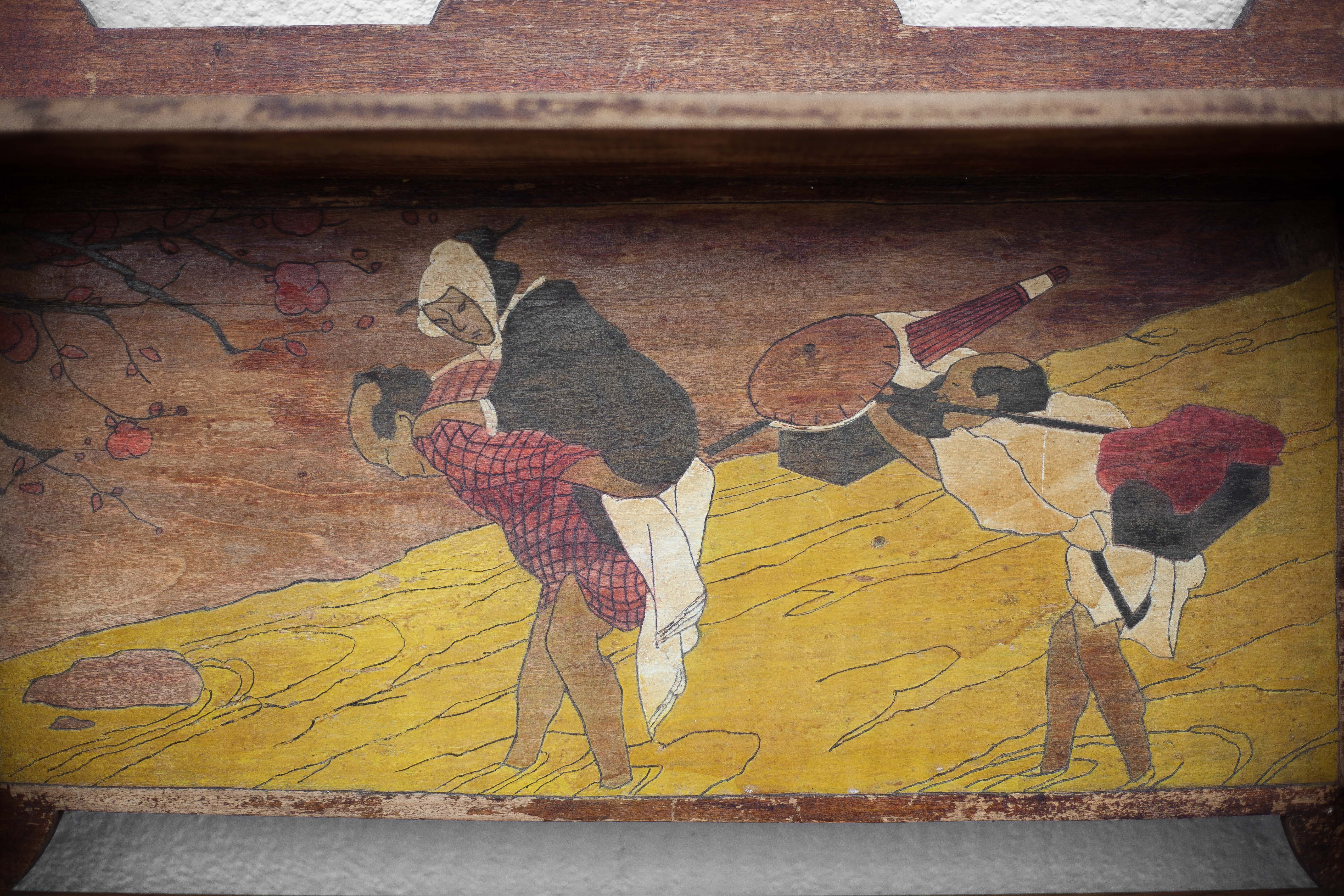 Art nouveau wood shelf, wall shelf with asian scene, antique shelf, interior decoration