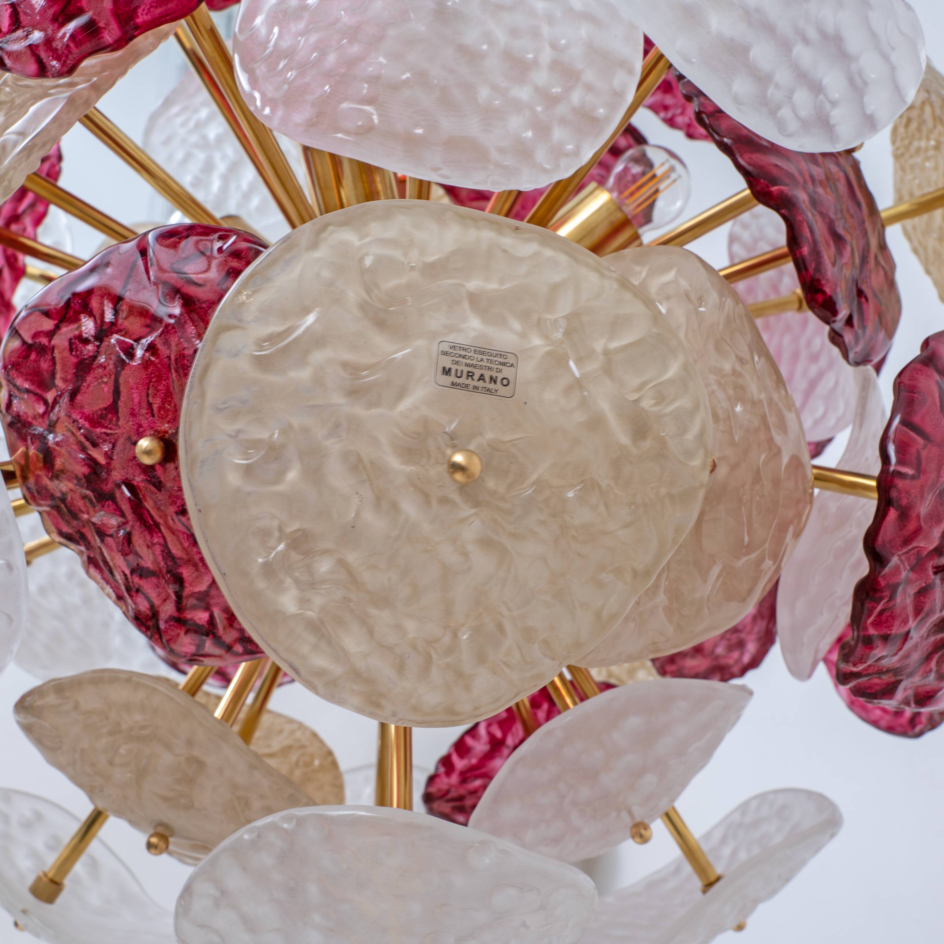 Murano Glass and Brass Sputnik Chandelier Cherry Red, White and Champagne