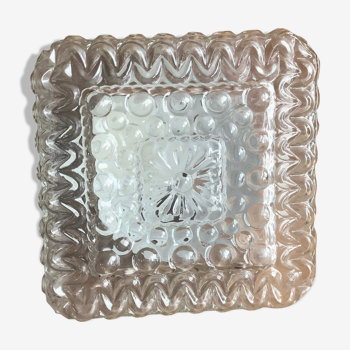 Plafonnier verre moulé & support métal blanc vintage