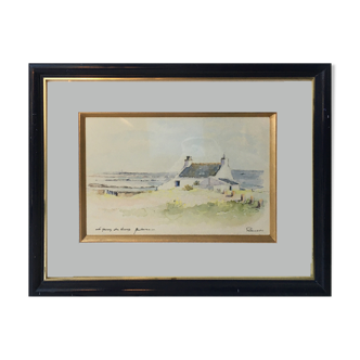 Aquarelle "La maison des Viviers" Quiberon signée & cadre