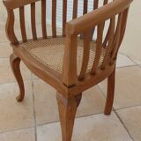 2 Colonial armchairs in natural solid wood with cane seats