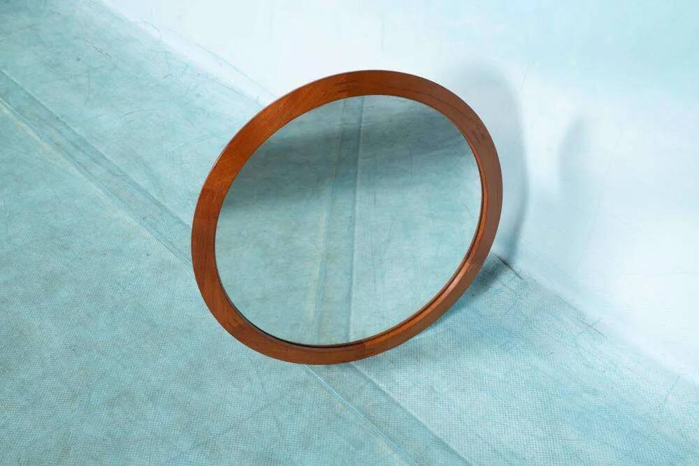 Vintage round mirror Aksel Kjersgaard, Danish teak design.