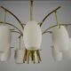 Midcentury 9-Arm Brass Chandelier with  Lacquer & Opaline Glass. Italy 1950