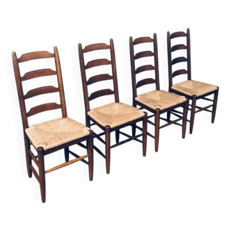 Rustic Ladder Back Oak and Rush Dining Chairs, 1960s, Set of 4