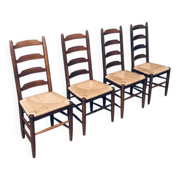 Rustic Ladder Back Oak and Rush Dining Chairs, 1960s, Set of 4