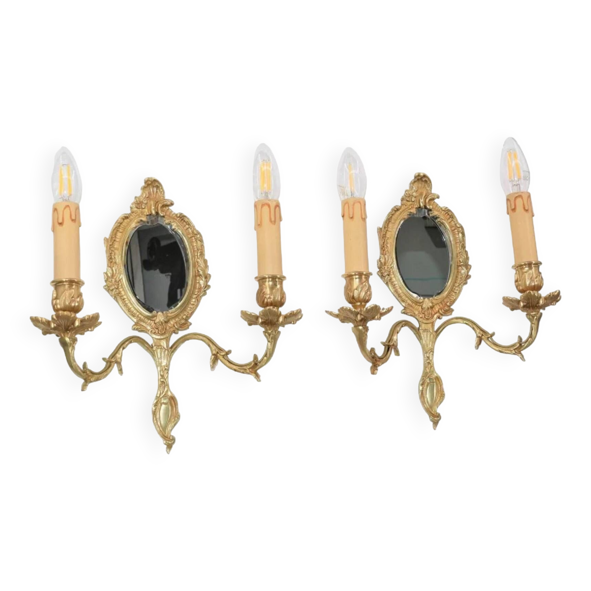 Pair of Louis XV style beveled mirror sconces in bronze by Lucien Gau