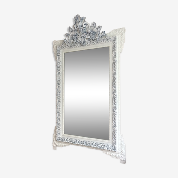 Miroir fin 19ème fronton décoré blanc et gris 135x82cm