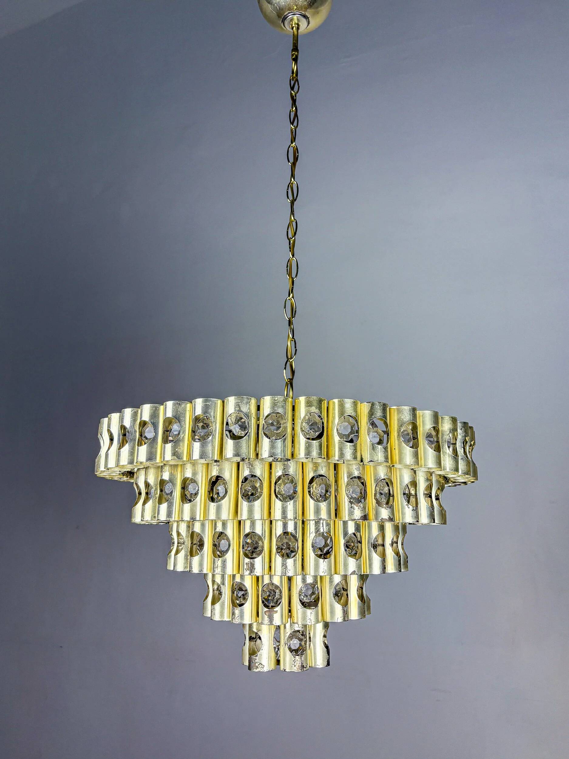 Gaetano Sciolari 5-tier chandelier, brass & crystal, Italy, 1970s