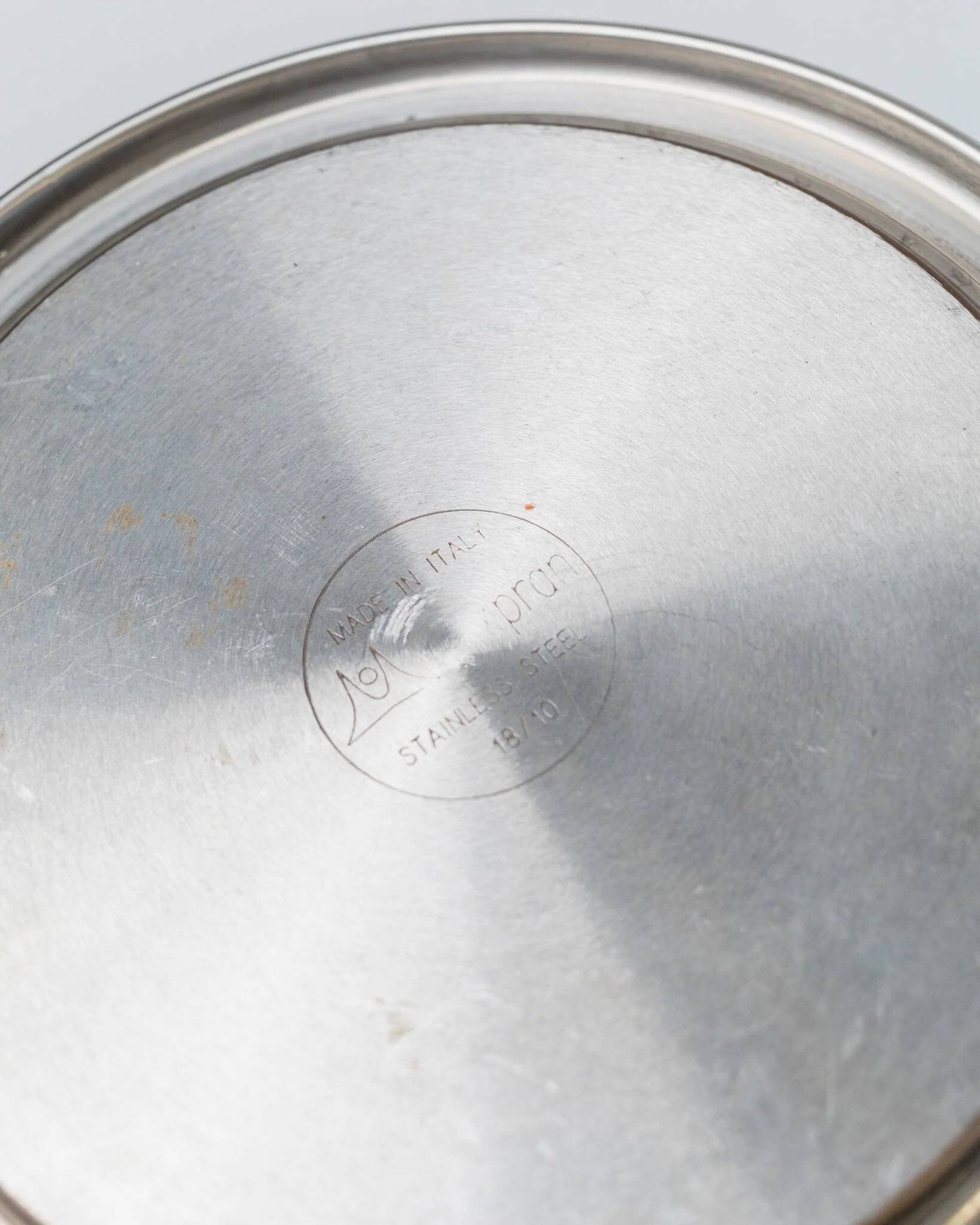 Vintage stainless steel kettle with blue accents - Italian Prandelli 1980s Memphis-inspired design by Raunkjaer Kjaergaard