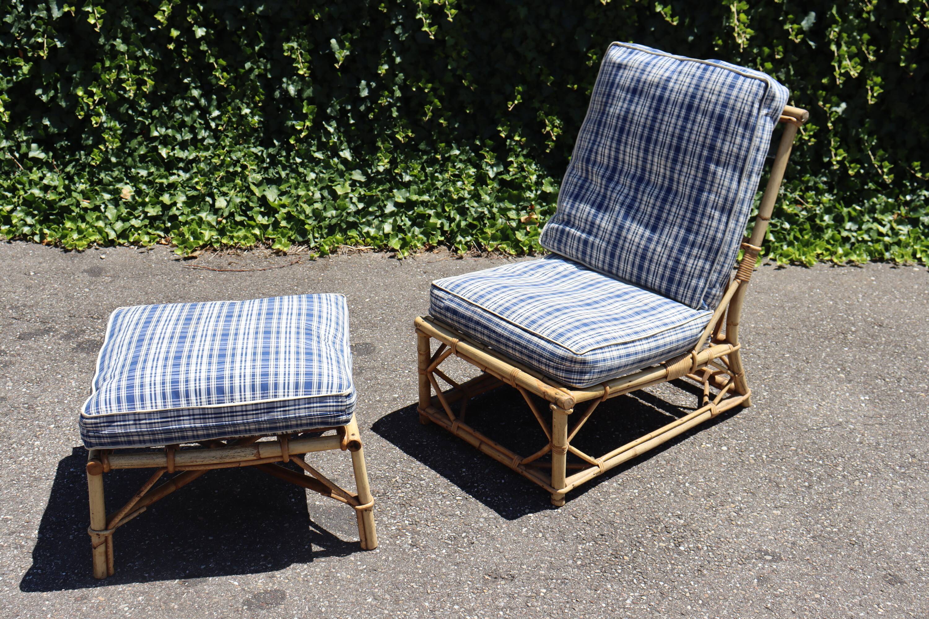 Rattan armchair and its footrest by Audoux & Minet 1950