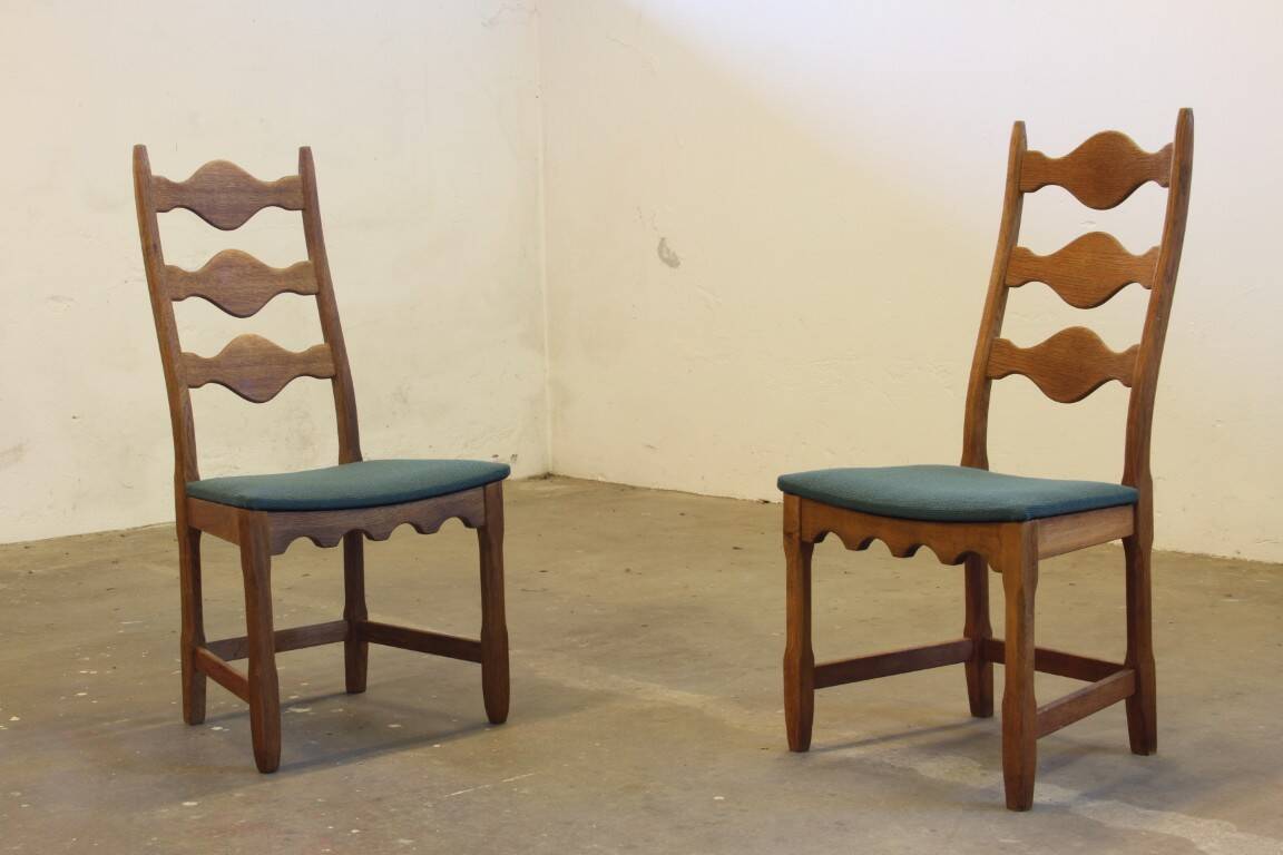 Six vintage 1960s Danish ladderback oak chairs, Henning Kjærnulf brutalist style