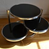 Vintage coffee table in chromed metal and black glass / 2 swivel trays
