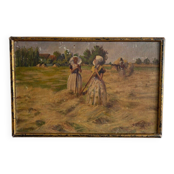 Huile sur toile par Geffroy femmes à la moisson début XXe