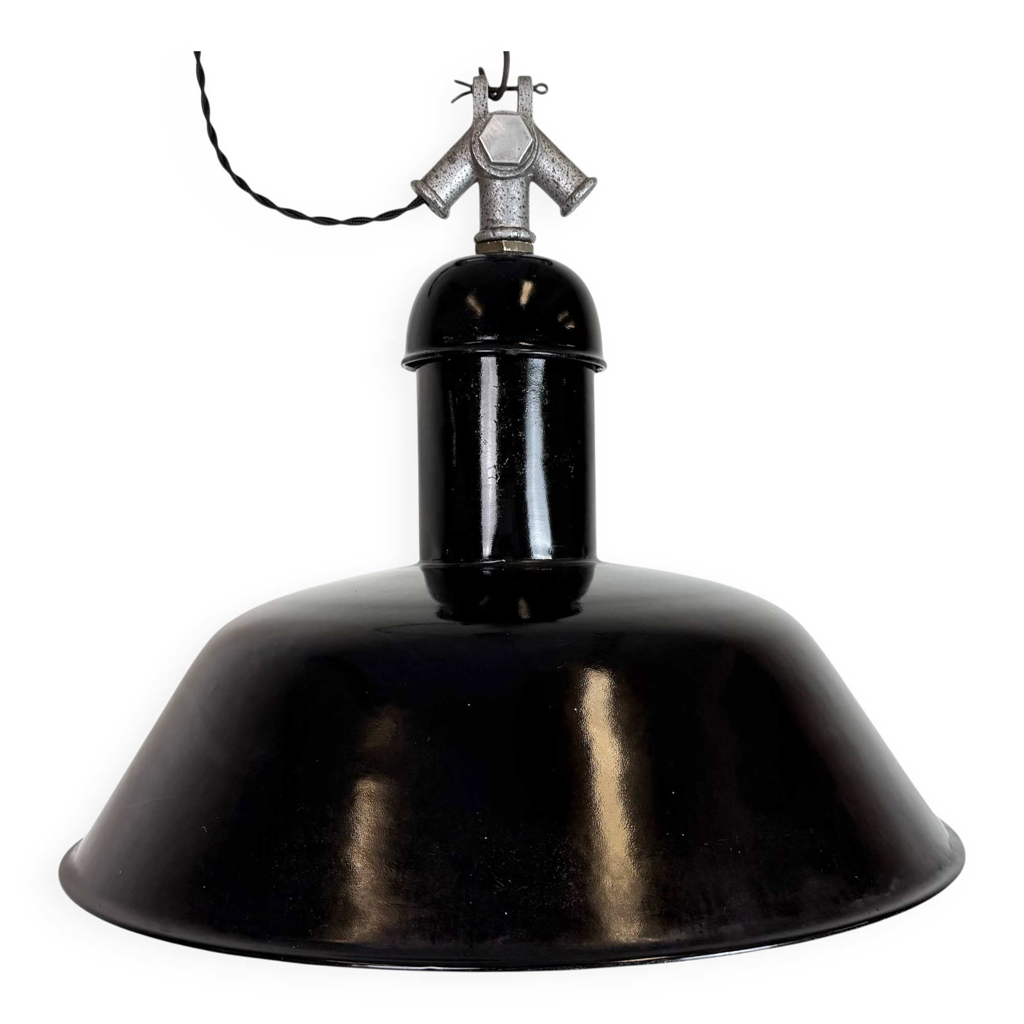 Black Enamel Industrial Pendant Lamp from AEG, 1930s