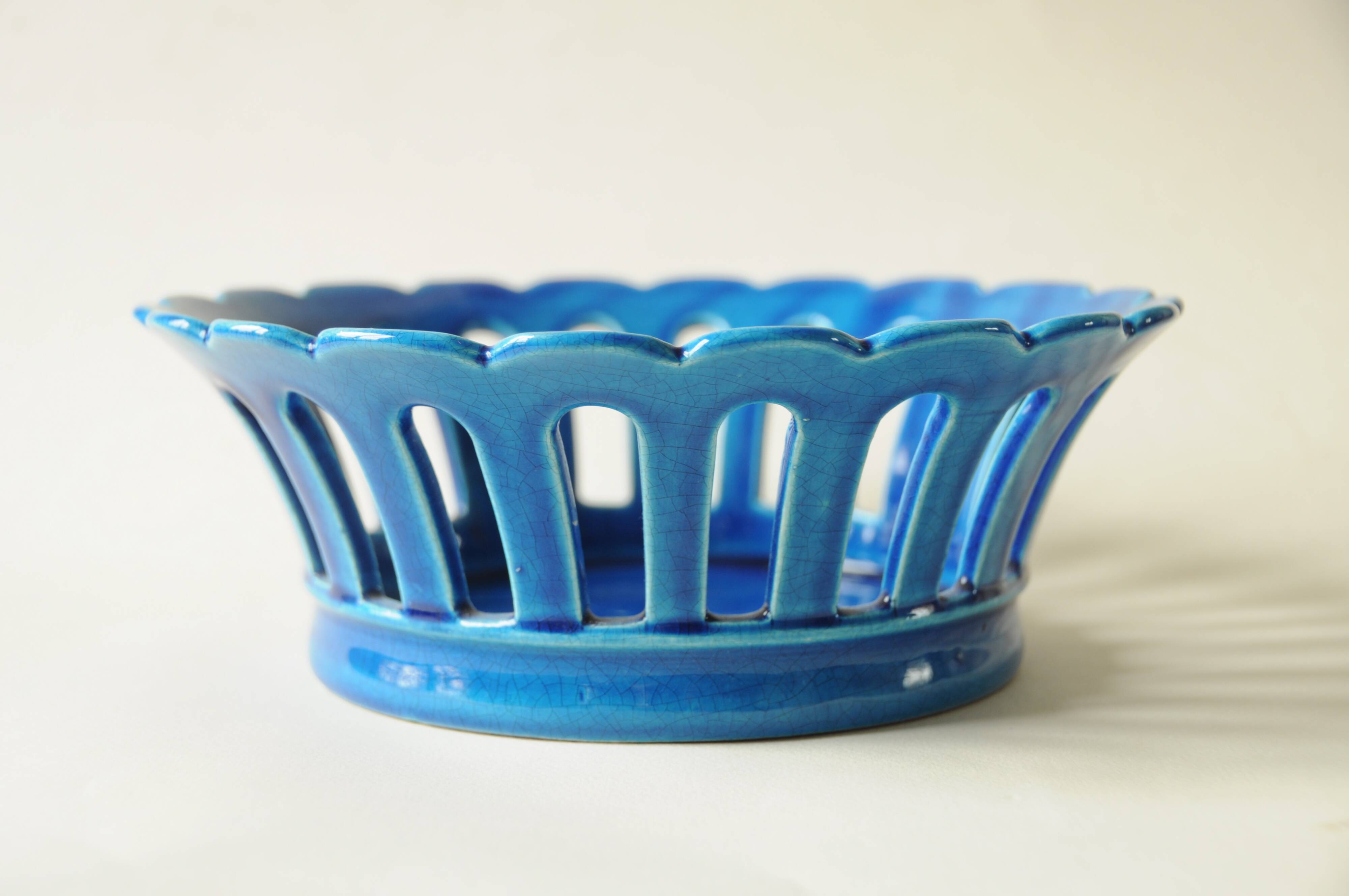 Blue openwork ceramic fruit bowl DLG from Bourg-Joly Malicorne