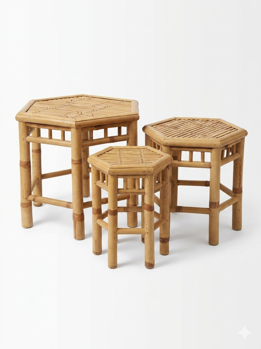 Set of three vintage rattan side tables.