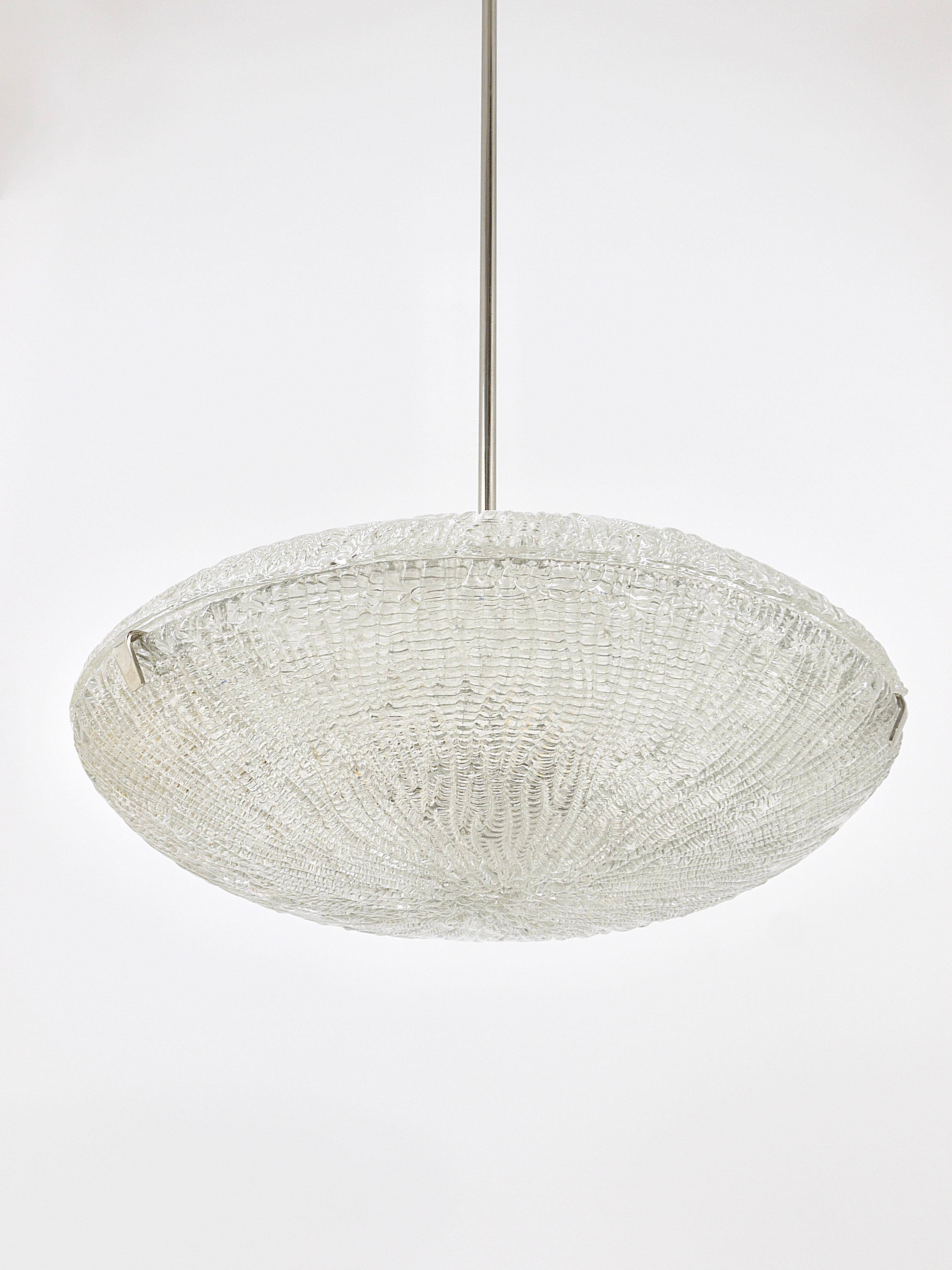 Mid-century Textured Glass and Nickel Kalmar Discus Chandelier, Austria, 1950s