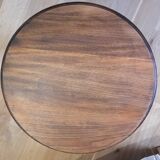 Brutalist side table with turned wood and wine press leg.