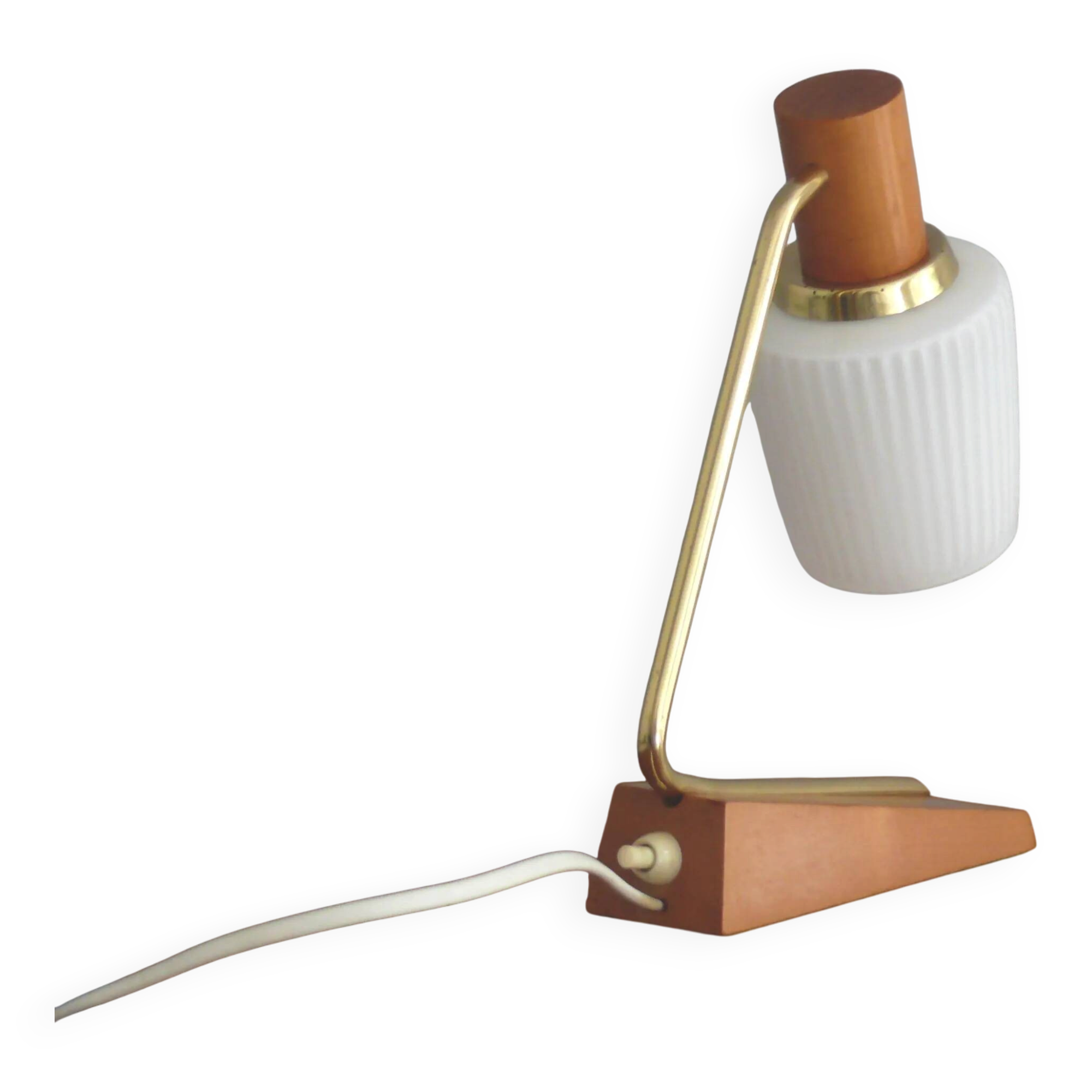 Temde bedside lamp - brass, wood - table lamp with opal glass shade - 1960s, vintage style