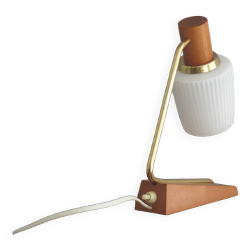 Temde bedside lamp - brass, wood - table lamp with opal glass shade - 1960s, vintage style