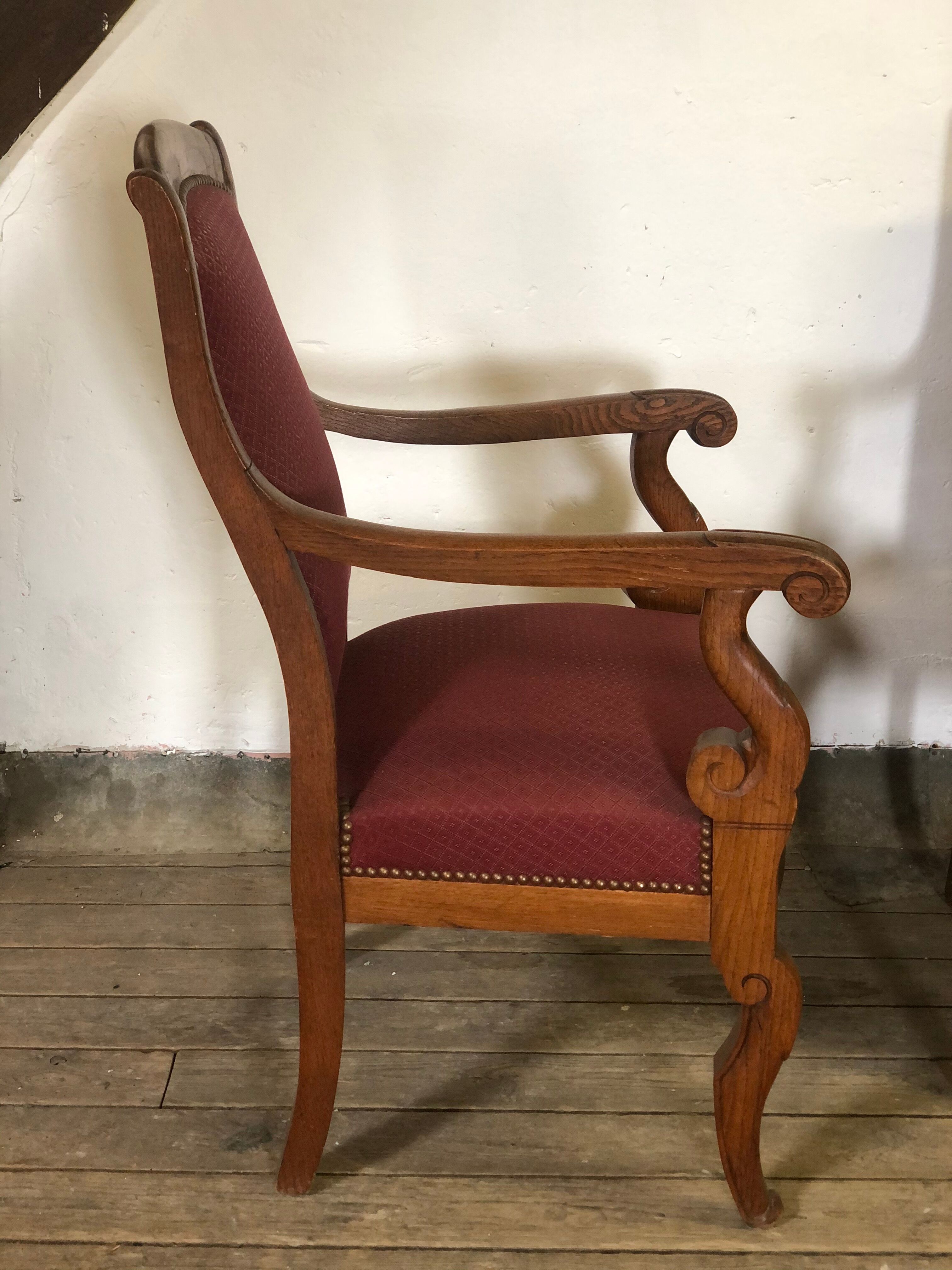 Louis Philippe era armchairs in burgundy-lined ground oak