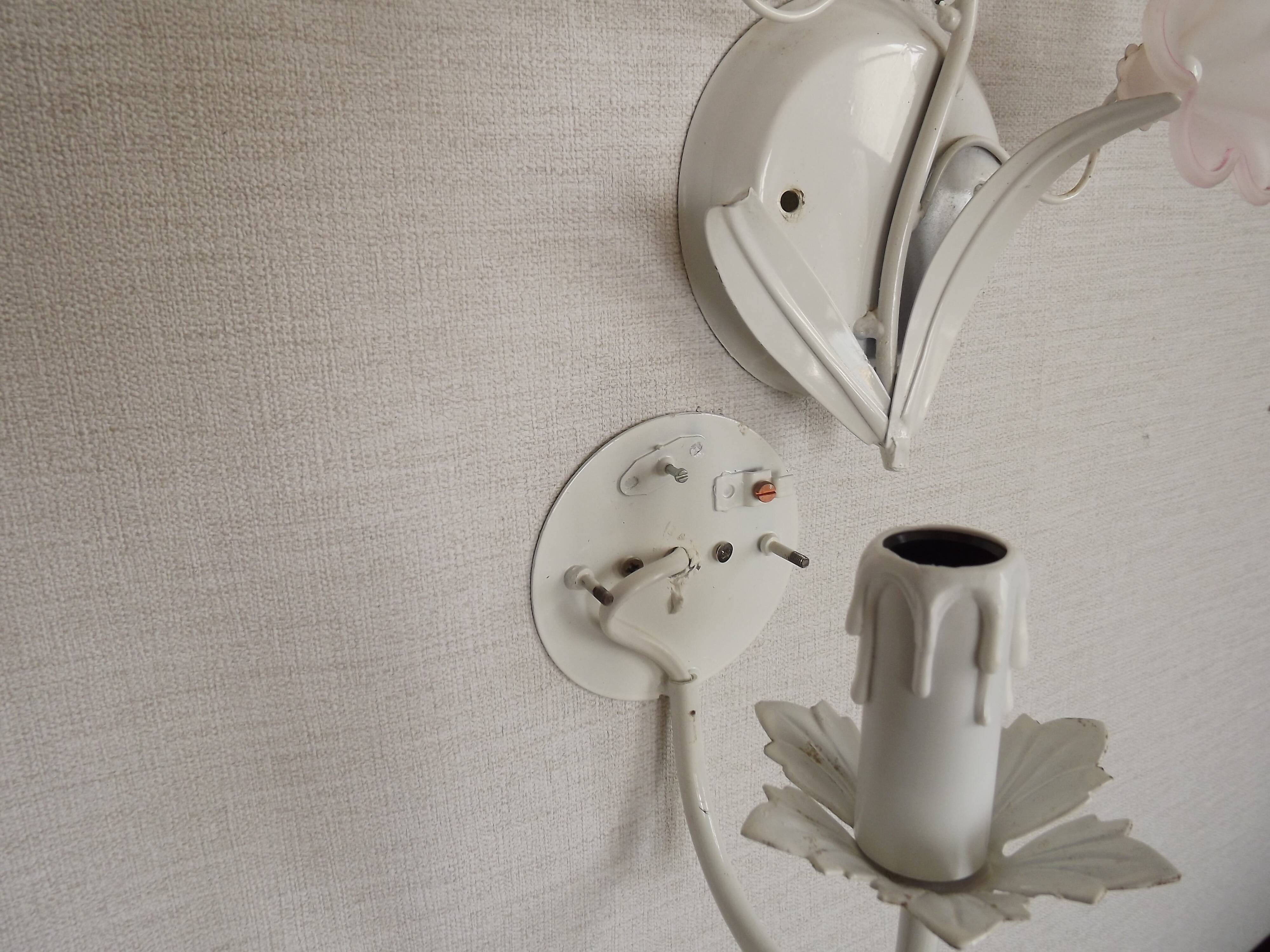 French vintage white metal double wall light with pink glass flowers 5438.