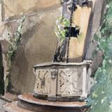 Watercolor vintage village view