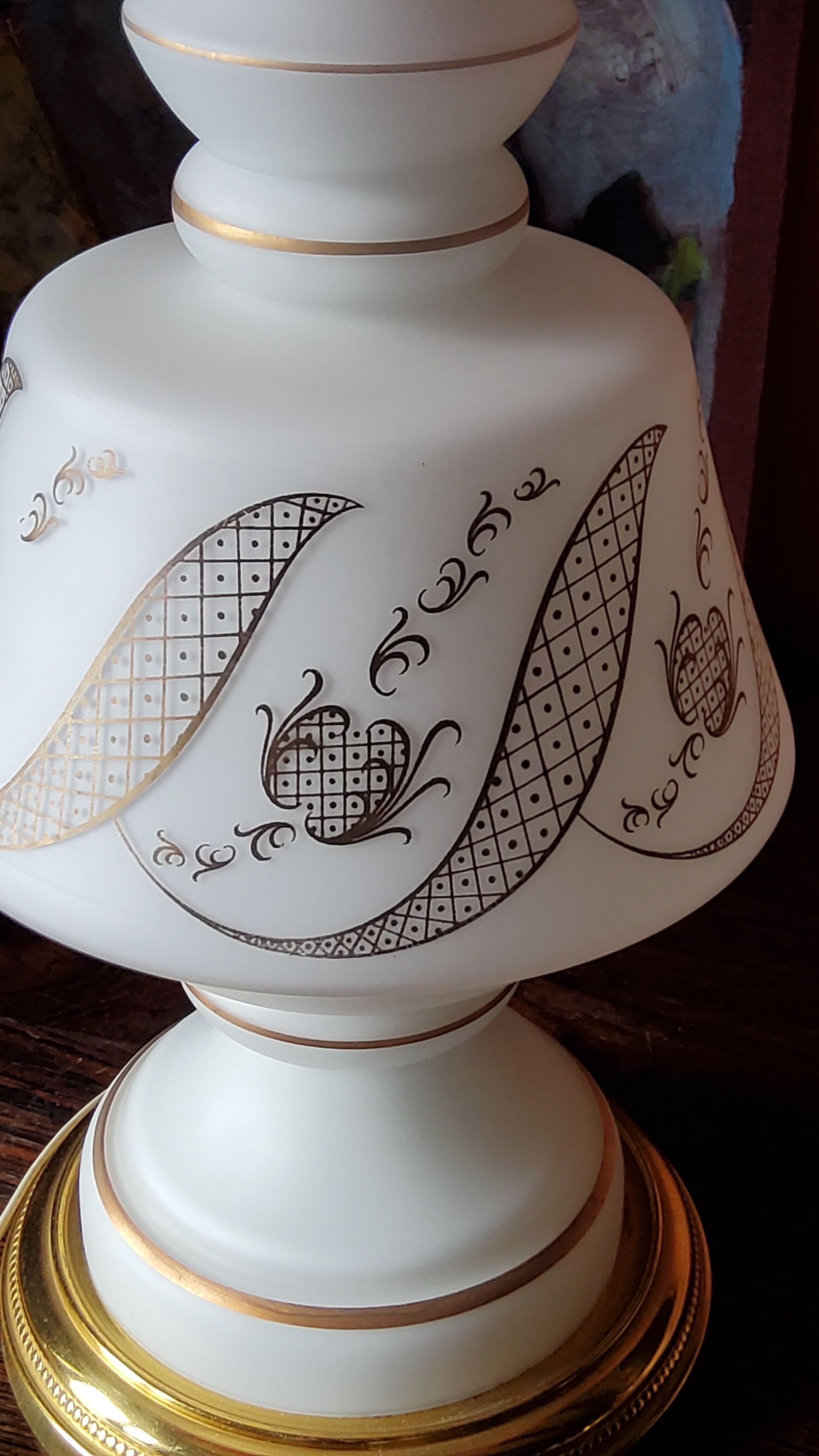 Vintage lamp of the 50s in white and golden opaline glass lampshade in red satin 75cm