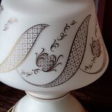 Vintage lamp of the 50s in white and golden opaline glass lampshade in red satin 75cm