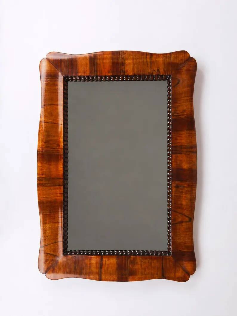 Square Biedermeier Carved & Scalloped Walnut Wall Mirror, Vienna, ca. 1850