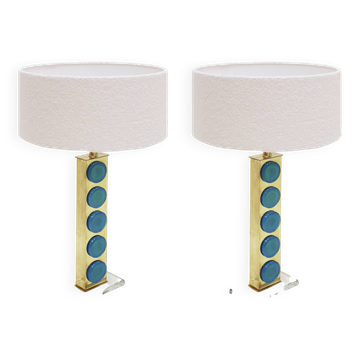 Paire de lampes de table en verre de Murano bleu clair et laiton de style mid-century modern