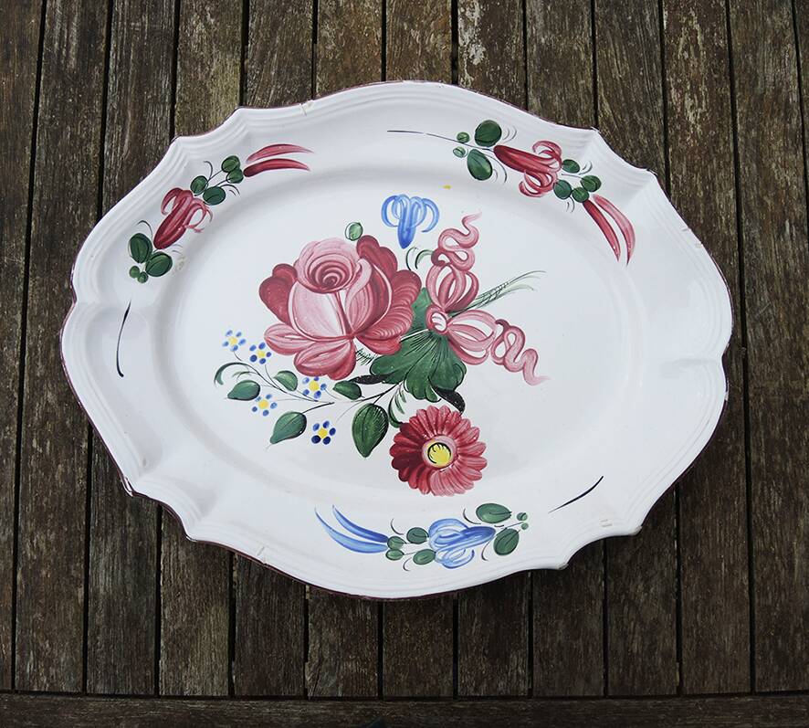 Antique Large Oval Earthenware Dish with Floral Decor